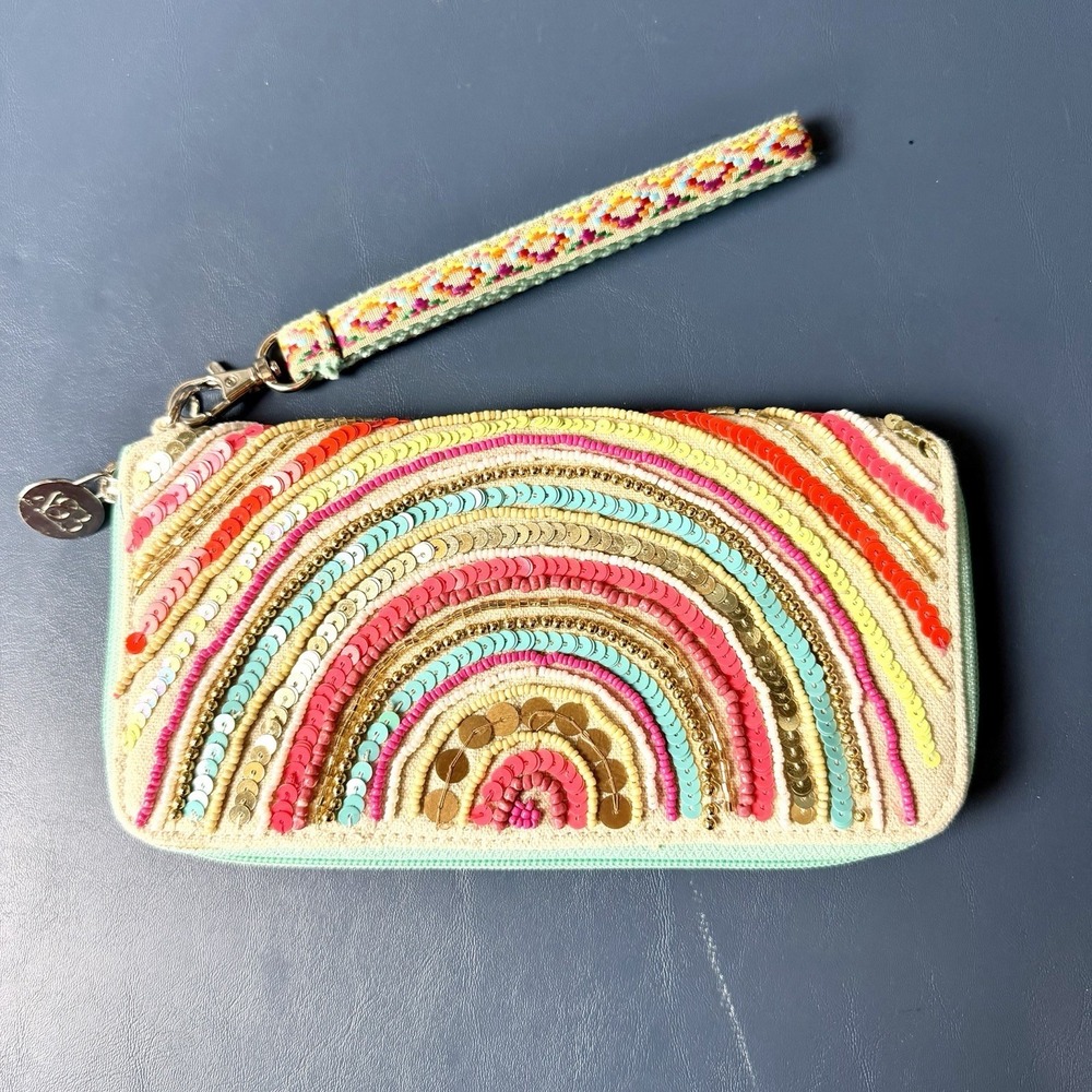 America & Beyond Beaded Wristlet Wallet Rainbow Colorful‎ Sequins Sparkly BoHo